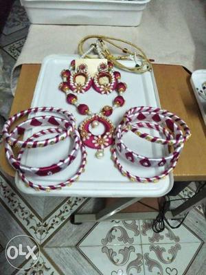 Silk Thread Bangles, Earrings And Necklace