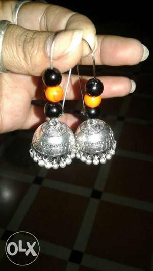 Silver-colored With Black-and-yellow Beaded Jhumka Earrings