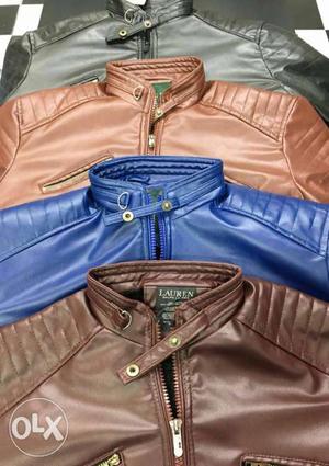Three Brown,blue, And Orange Leather Zip-up Jackets