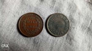 Two vintage half anna and  coins