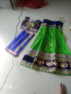 Women's Green And Blue Sari Dress
