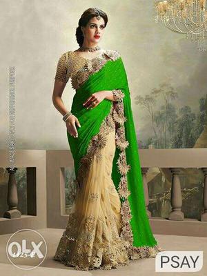 Women's Green And Brown Floral Sari Dress