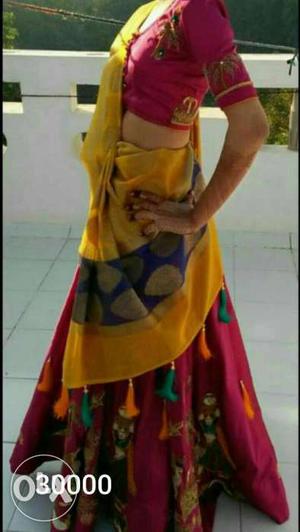 Women's Pink And Yellow Crop-top Sari Dress