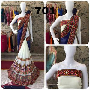 Women's White, Red, And Blue Floral Sari Traditional Dress