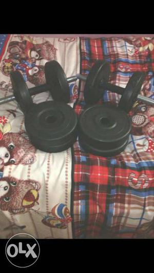 Pair Of Black Steel Dumbbells And Four Black Weight Plates
