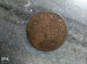 Round Brown One Quarter Anna Indian Coin
