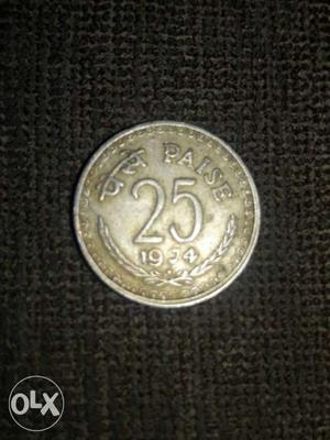  Round Silver-colored 25 Indian Paises Coin