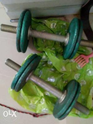 Two Gray-and-green Dumbbells