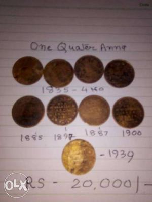Nine Indian Quarter Antique Anna Coins