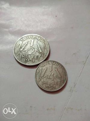 Round Silver 1/2 Rupee And 1/4 Rupee Coins