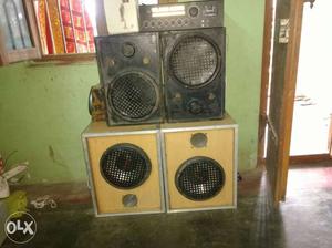 Four Black And Brown PA Speakers With Amplifier using Van