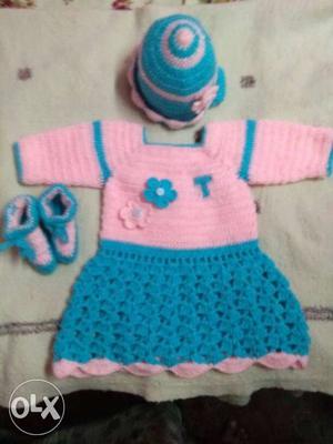 Girl's Pink And Blue Knitted Dress And Shoes