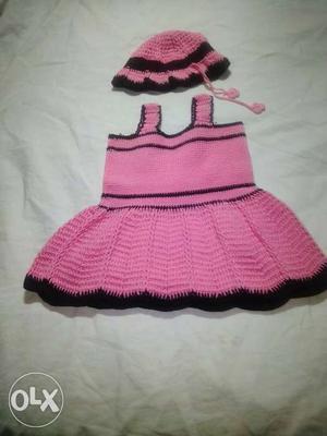 Girl's Pink And White Sleeveless Dress With Knit Cap