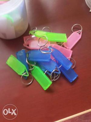 Green, Pink And Blue Plastic Name Tag Keychains