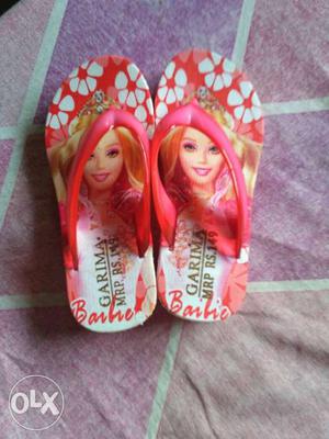 Pair Of Pink-and-white Barbie Rubber Flip-flops