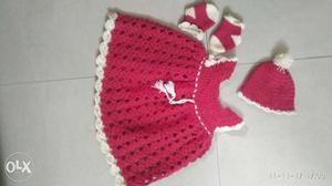 Red And White Knitted Dress With Cap