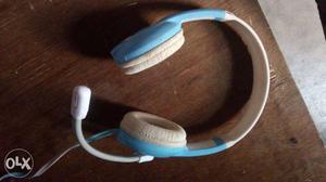 Blue And White Corded Headset