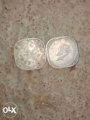  Two Silver 1/.2 Anna Indian Coins