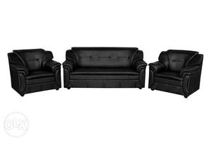 Black Leather Couch And Armchairs Set