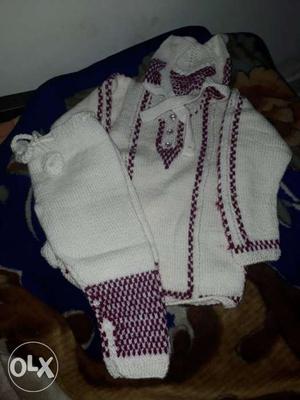 Woollen knitted 3 piece kurti set. (kurti + pyjami + cap)