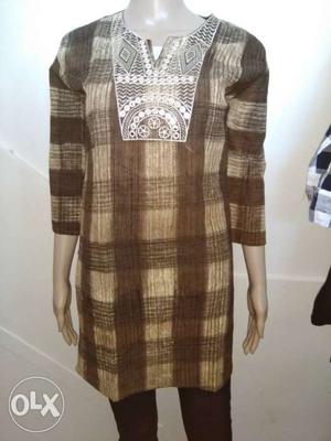 Brown And Beige Plaid Elbow-sleeved Dress