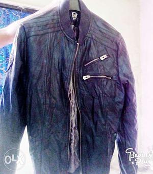 Men's Black Leather Zippered Jacket
