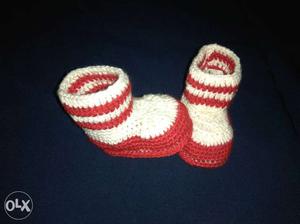 New Baby's Red And White Knitted Booties