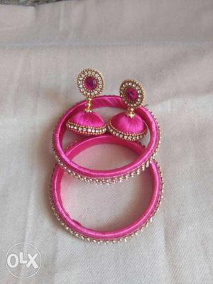 Pink Silk Thread Bangles And Jhumka Earrings