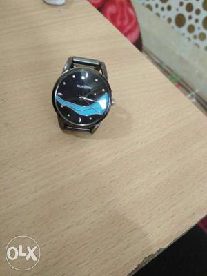 Round Black And Blue Digital Watch With Black Leather Strap