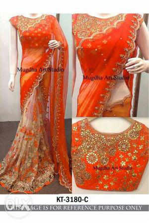 Women's Orange Floral Sari