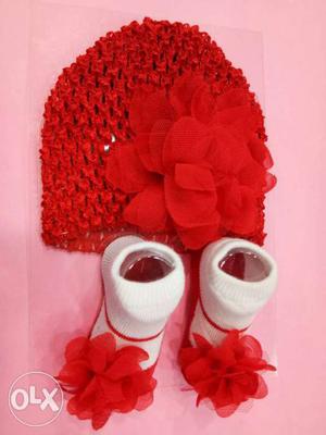 Baby's Crocheted Red And White Hat And Bootees Set