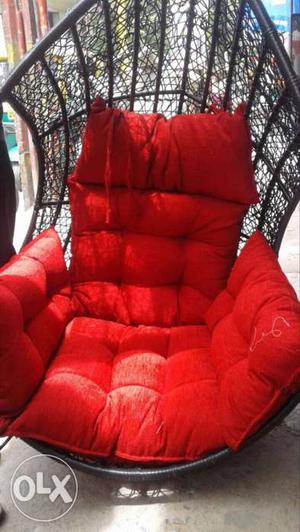 Black Rattan Framed Tufted Red Padded Egg Chair