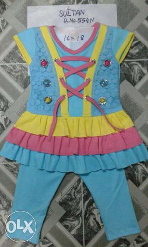 Blue, Yellow, And Pink Cap-sleeved Mini Dress With Pants