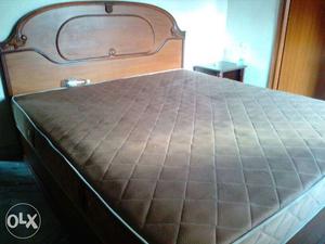 Brown Wooden Bed With Quilted 10" Gray Mattress and two side