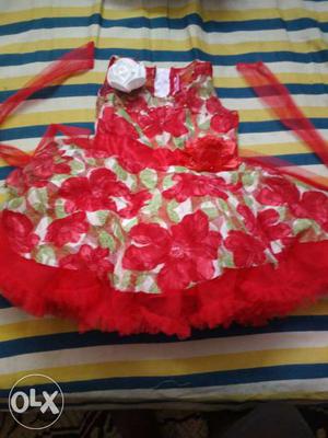 Girl's Green And Red Floral Sleeveless Dress