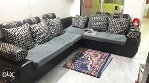 Grey Leather Sectional Sofa With Throw Pillows