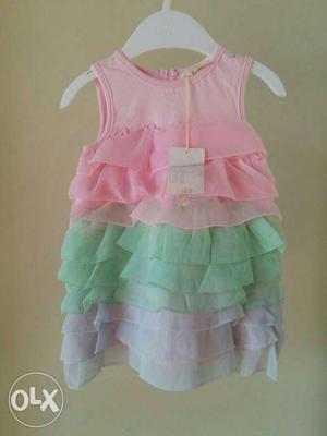 Pretty pink, green and blue layered frock for