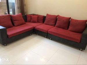 Red And Black Sectional Couch With Steel Base
