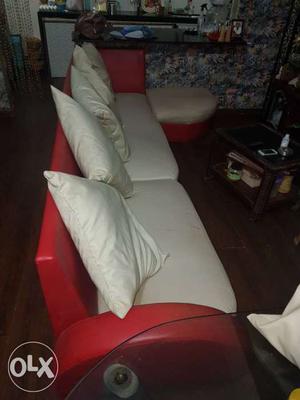 Red And White Leather L Sofa With SIX Pillows
