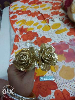 Two Gold-colored Glittered Rose Decor