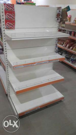 White And Orange Wooden 4-shelf Display Rack