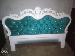 White Wooden Framed Green And White Floral Bed Headboard