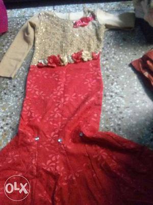 Beige And Red Scoop Neckline Long Sleeve Floral Dress