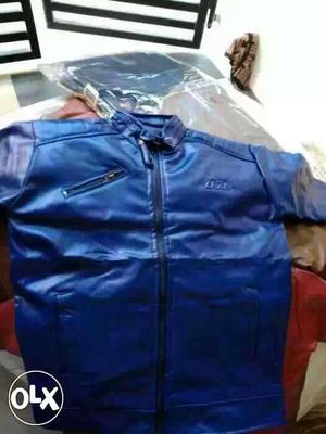 Blue Leather Full-zip Jacket