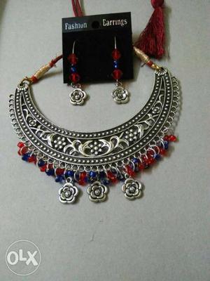 Gold Blue And Red Gem Embellish Necklace And Earrings Set