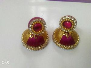 Gold-and-maroon Jumkha Earrings