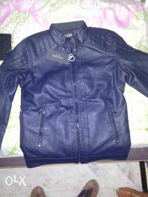 Navy-blue Leather Zip-up Jacket