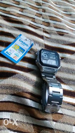 Octagonal Gray Casio Digital Watch With Link Bracelet