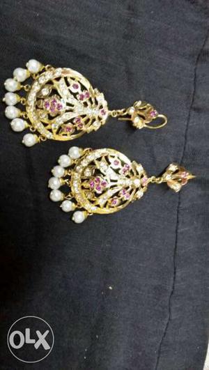 Pair Of Gold White Beaded Earrings