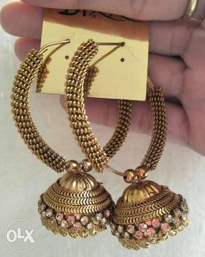 Pair Of Gold-colored Gemstone Entrusted Hoop Earrings